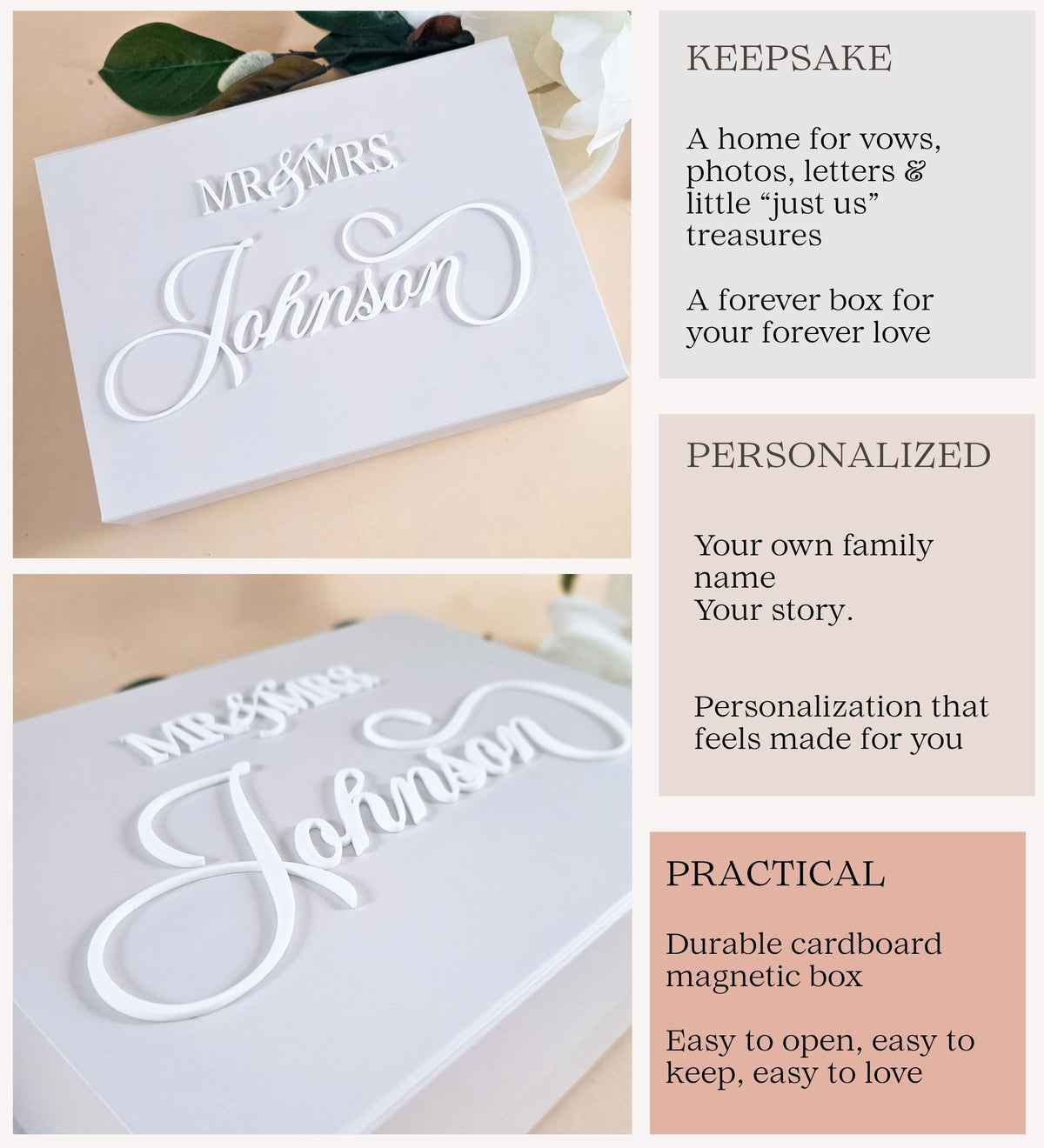 White keepsake box with white raised lettering and magnetic closure, shown with panels describing its use for photos and letters