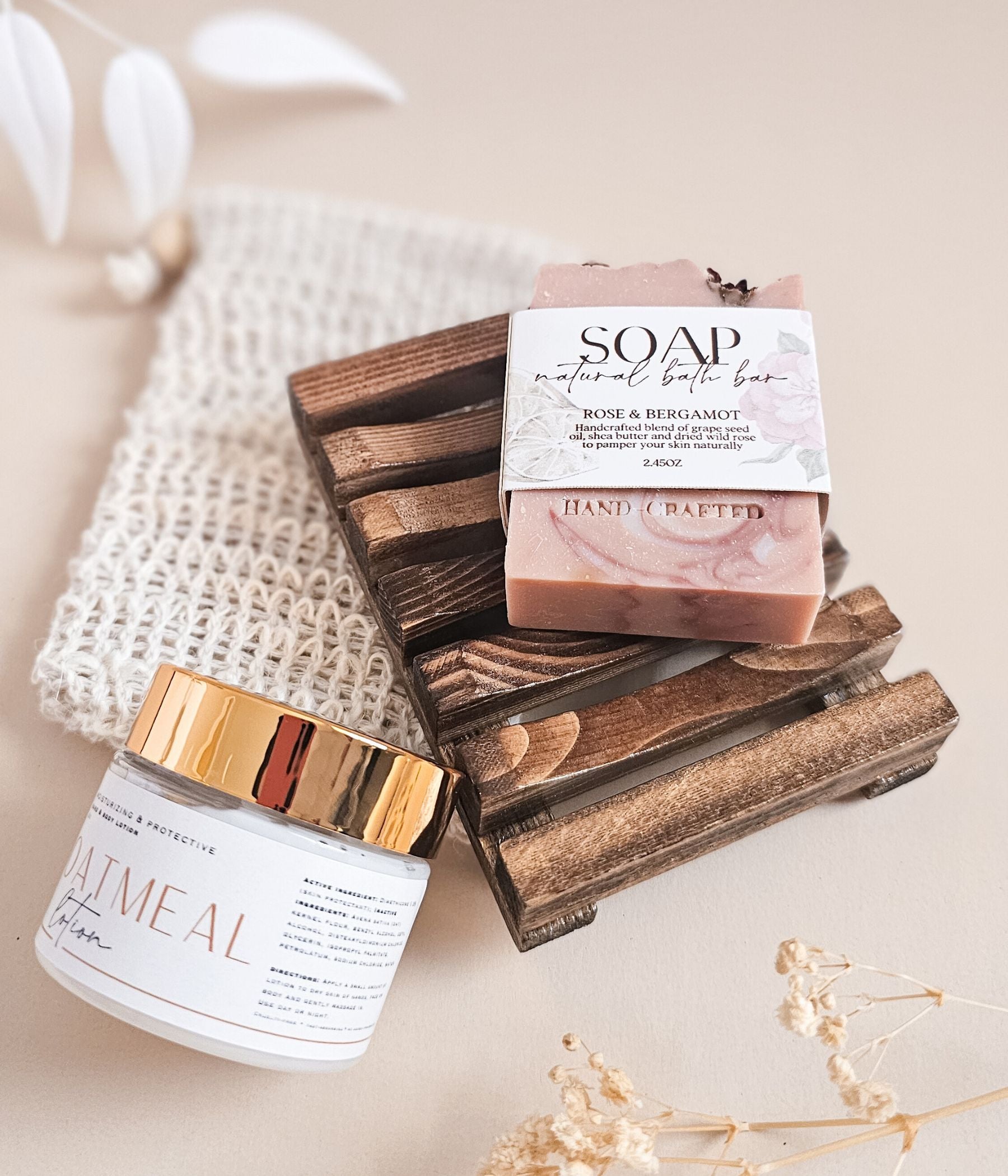 Self care spa gift set featuring natural soap bar, linen soap sleeve, and oatmeal lotion with greeting card included