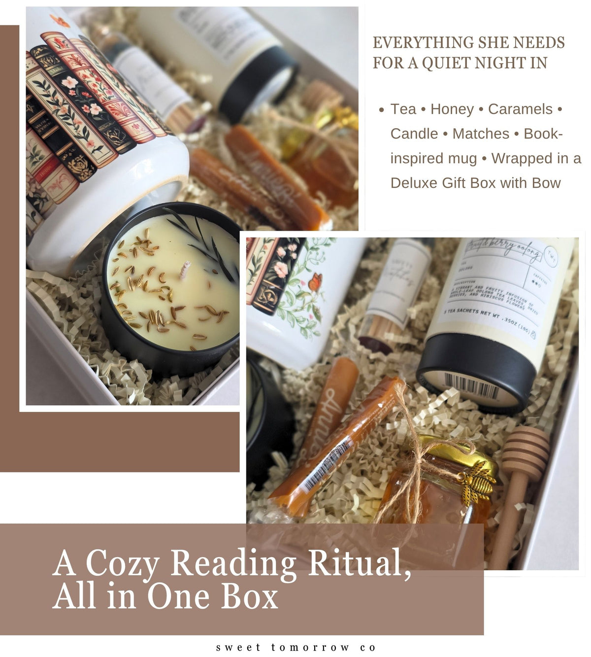 A cozy reading ritual gift box collage showing various self-care and tea-related items nestled in shredded paper. The box includes a candle, honey, caramels, a book-inspired mug, and tea bags, with text overlays describing the contents and branding for 'sweet tomorrow co'.