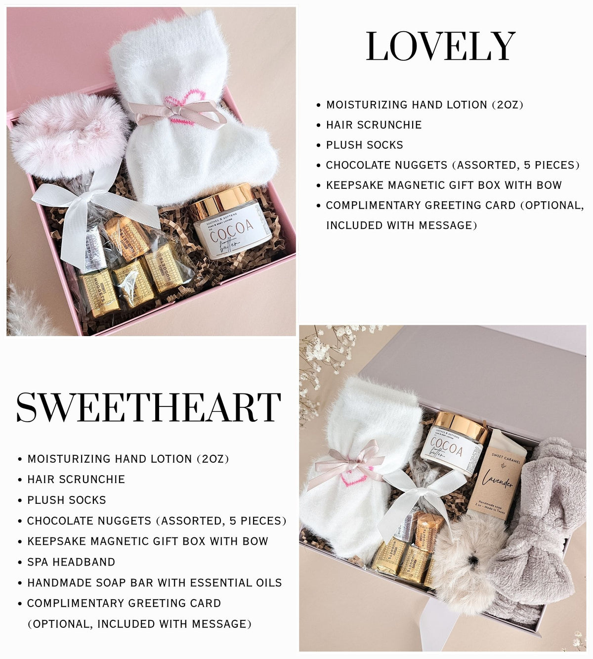 A collage showing two gift set options: 'LOVELY' and 'SWEETHEART'. Each set includes a moisturizing hand lotion bottle, a white hair scrunchie, plush socks, chocolate nuggets, and a keepsake magnetic gift box.