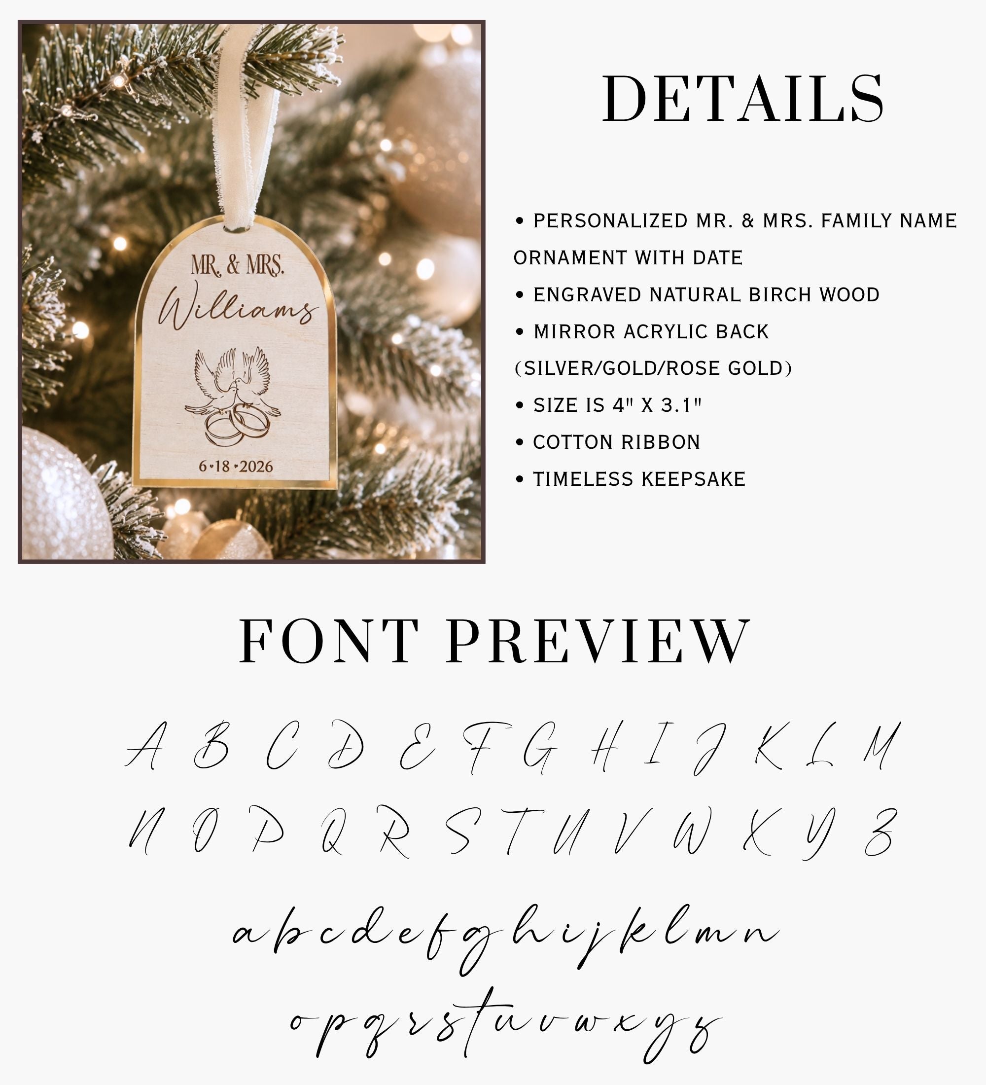 Script font preview showing the full alphabet used for the personalized family name. Gold Two Doves ornament with product details listed: birch face, mirror acrylic backing, 4 by 3.1 inches, cotton ribbon