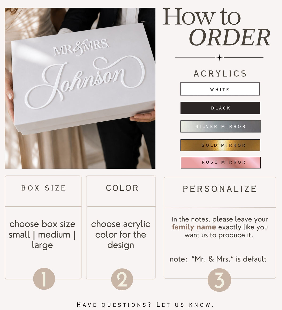 Acrylic finish chart showing all five options — white, black, silver mirror, gold mirror, and rose mirror