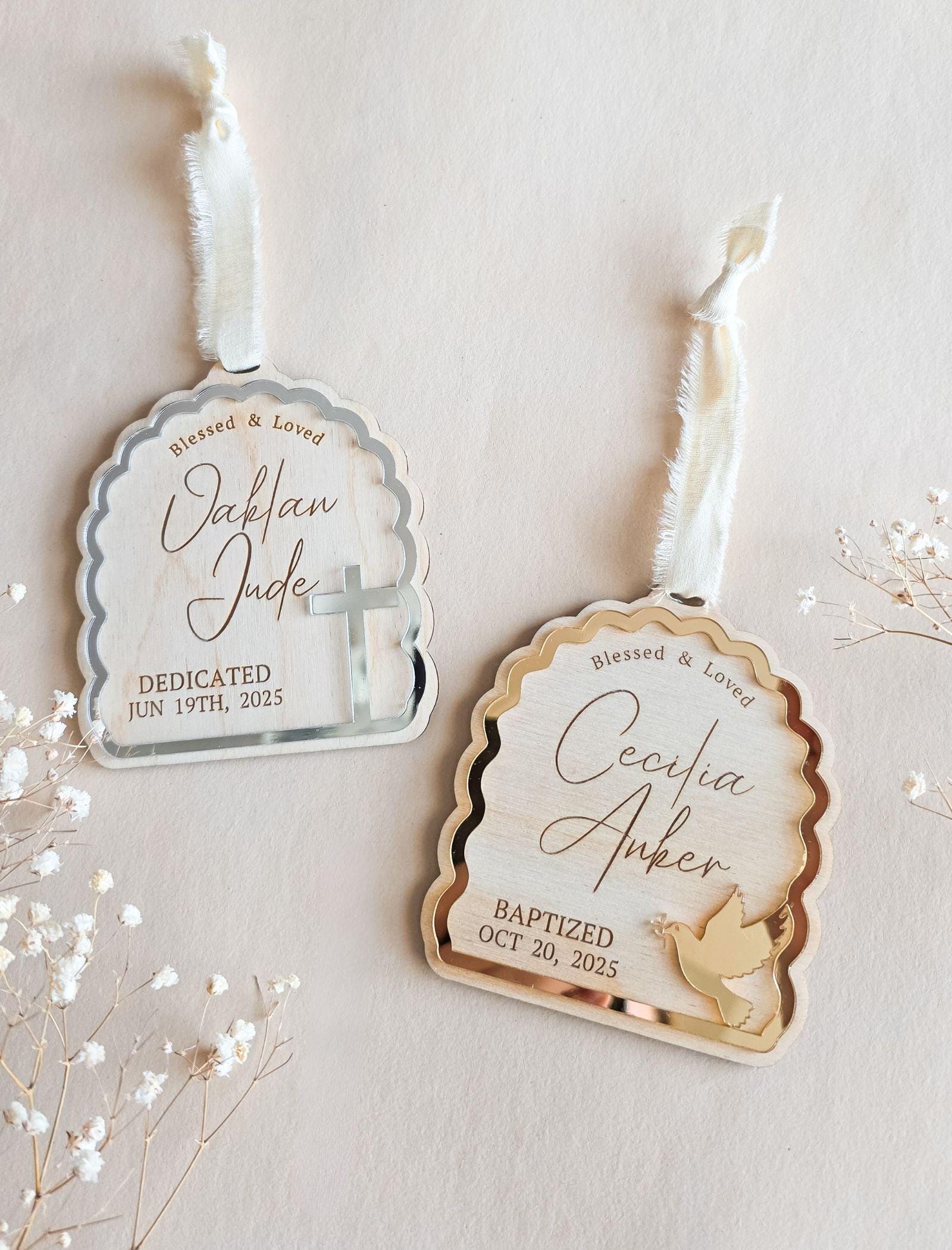 Personalized baptism ornament with gold frame featuring child’s name and date, keepsake Christmas gift.