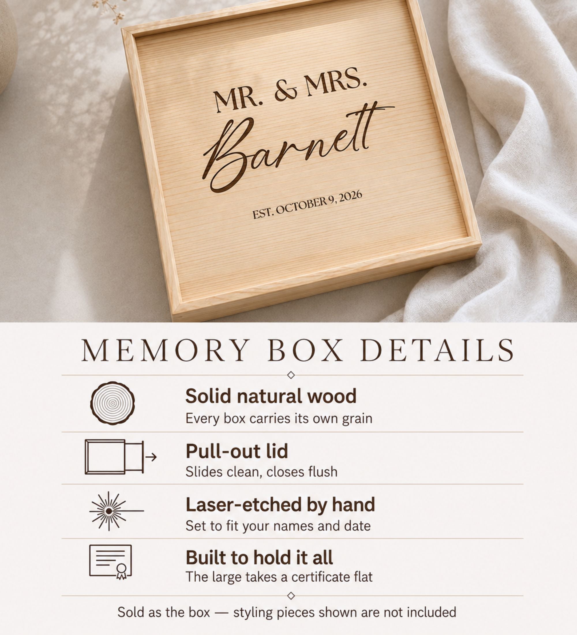 Engraved Wood Wedding Memory Box with Names and Date