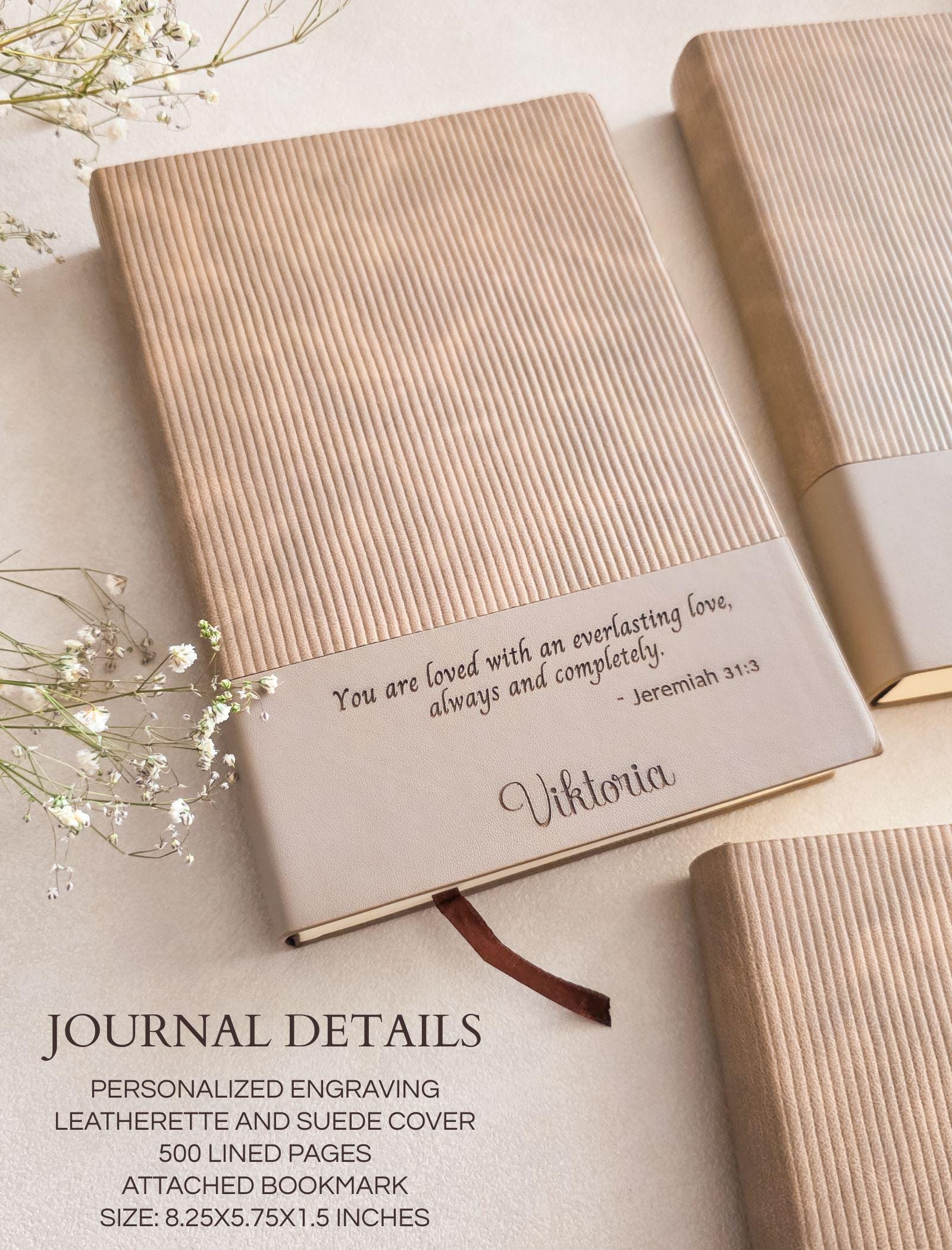 Close-up of engraved journal cover showing Bible verse quote and personalized name