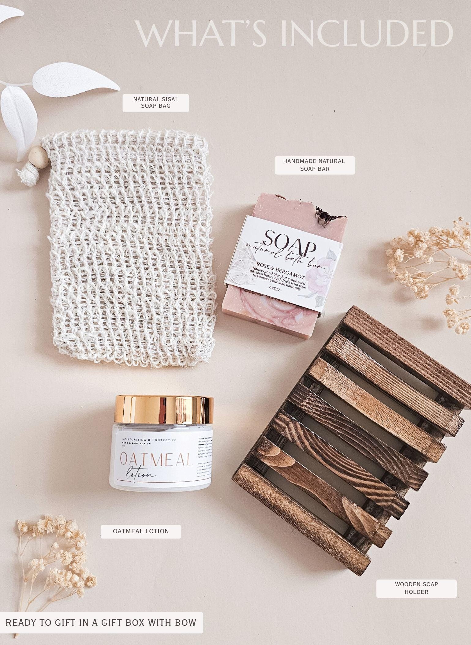 Self-care gift box featuring handmade soap and lotion elegant minimalist packaging ideal for wellness gifting or staff appreciation