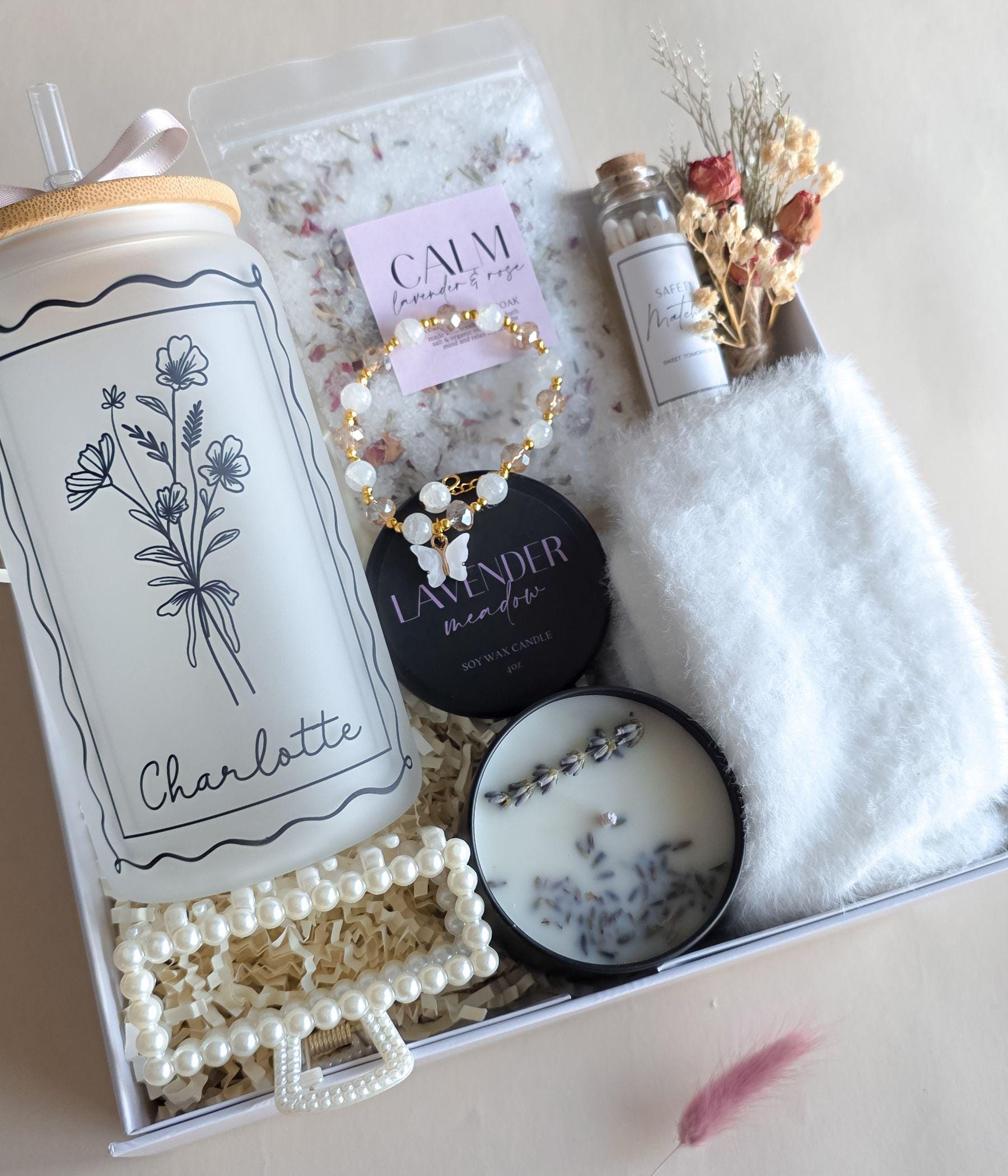 Personalized self care gift box with name frosted glass tumbler, lavender candle, bath salts, and cozy socks