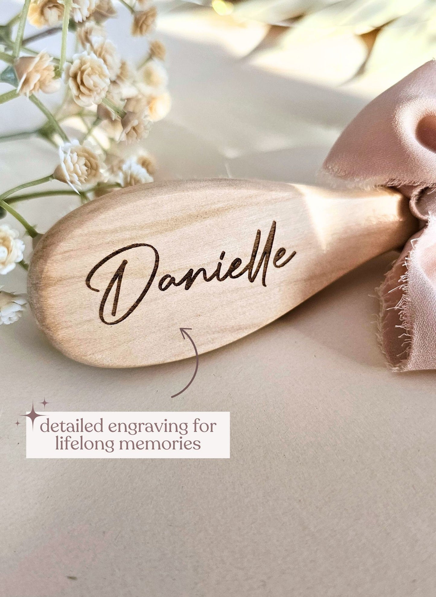 Baby Scalp Care Cradle Cap Brush Baby Hair Detangler Customized Baby Item Vintage-Inspired Baby Gift Babys First Hairbrush Natural Wood Baby Product Silk Ribbon Baby Brush