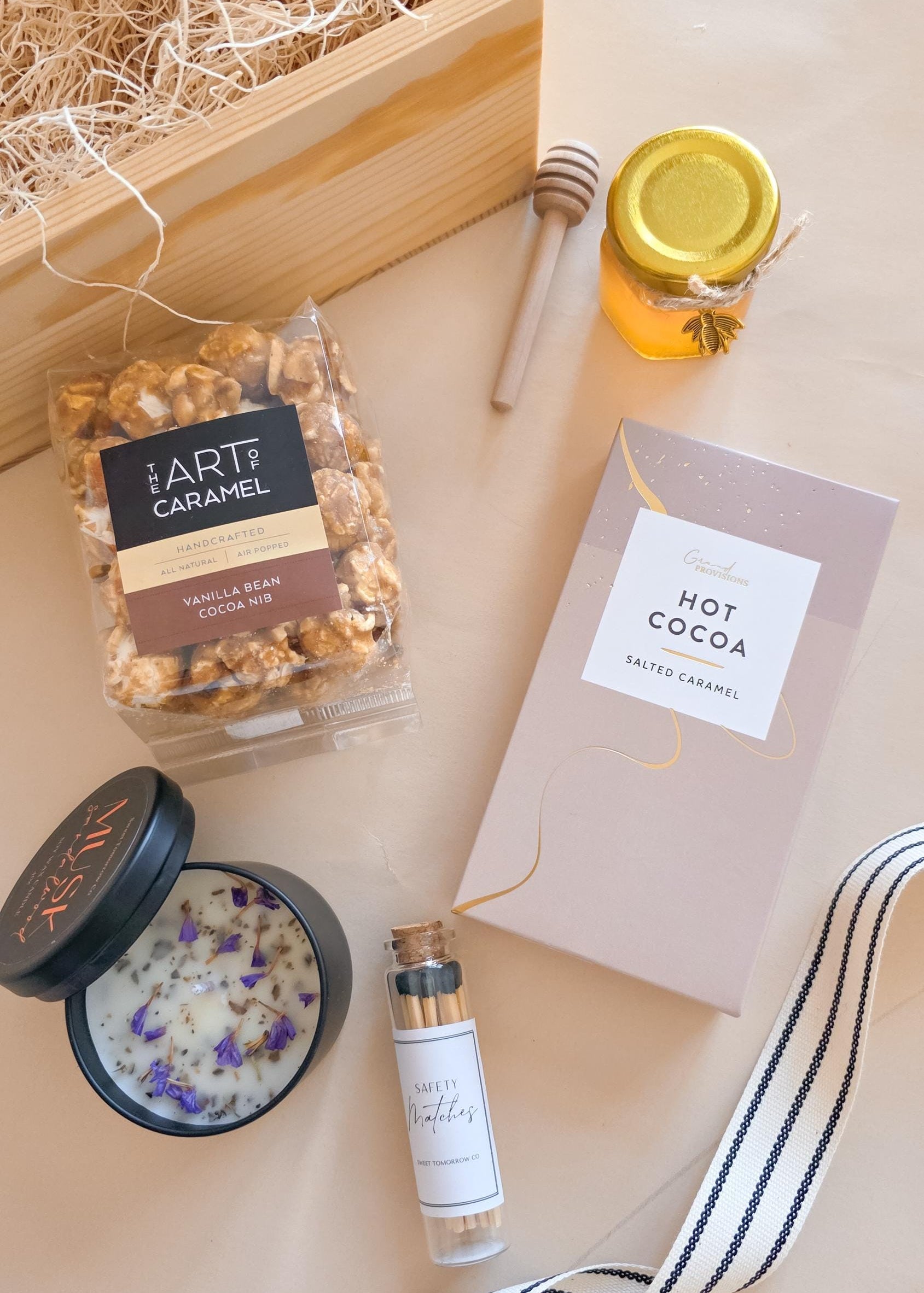 Birthday or thank you gift for her, curated cozy gift box with warm neutral styling