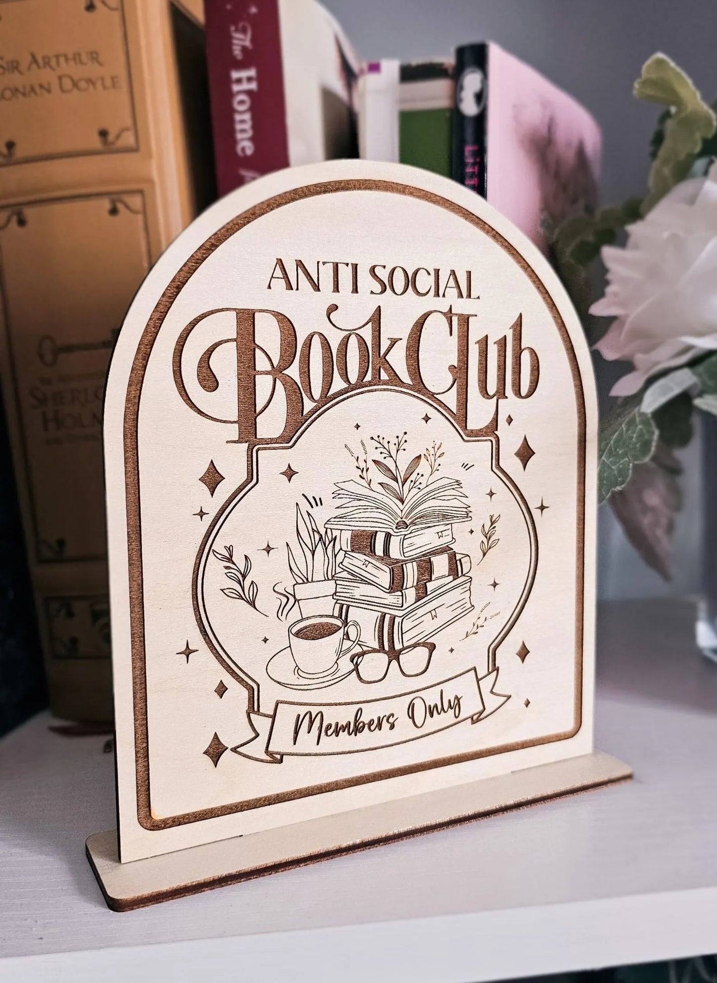 Wooden engraved "Anti-Social Book Club" sign with books and coffee design – natural birchwood décor for book lovers