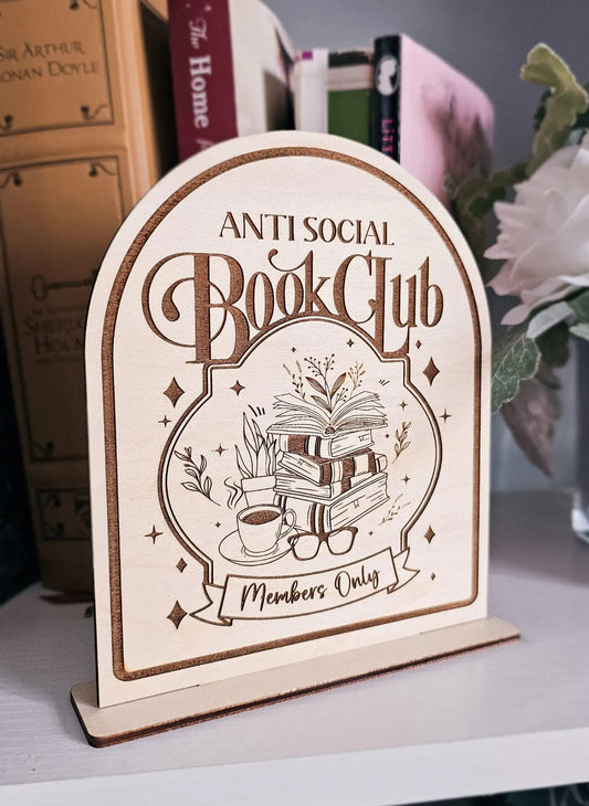 Wooden engraved "Anti-Social Book Club" sign with books and coffee design – natural birchwood décor for book lovers