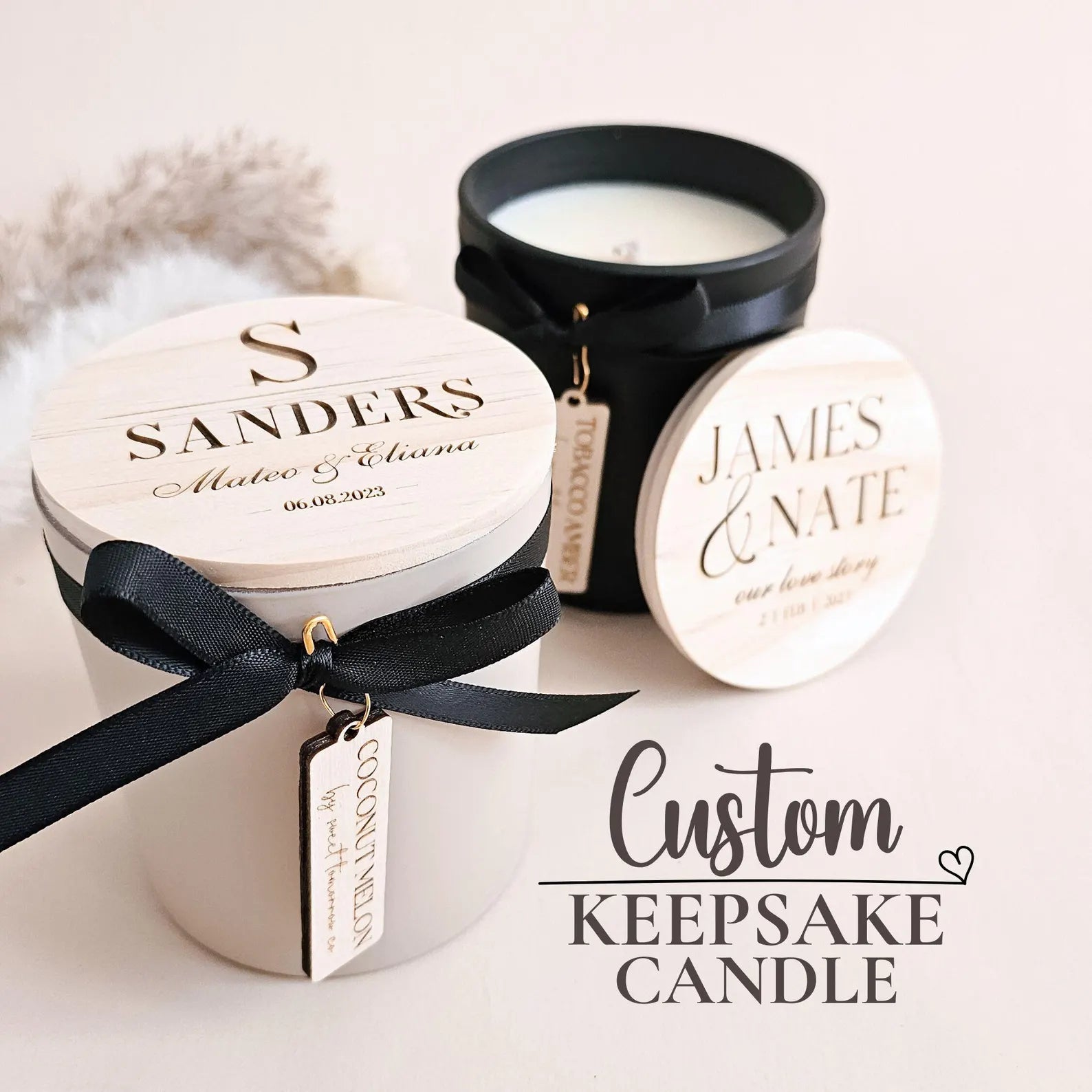 Personalized wedding candle with engraved wooden lid and ribbon detail