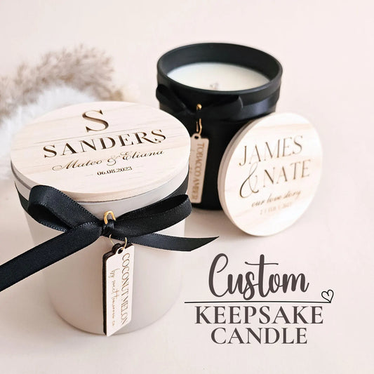 Personalized wedding candle with engraved wooden lid and ribbon detail