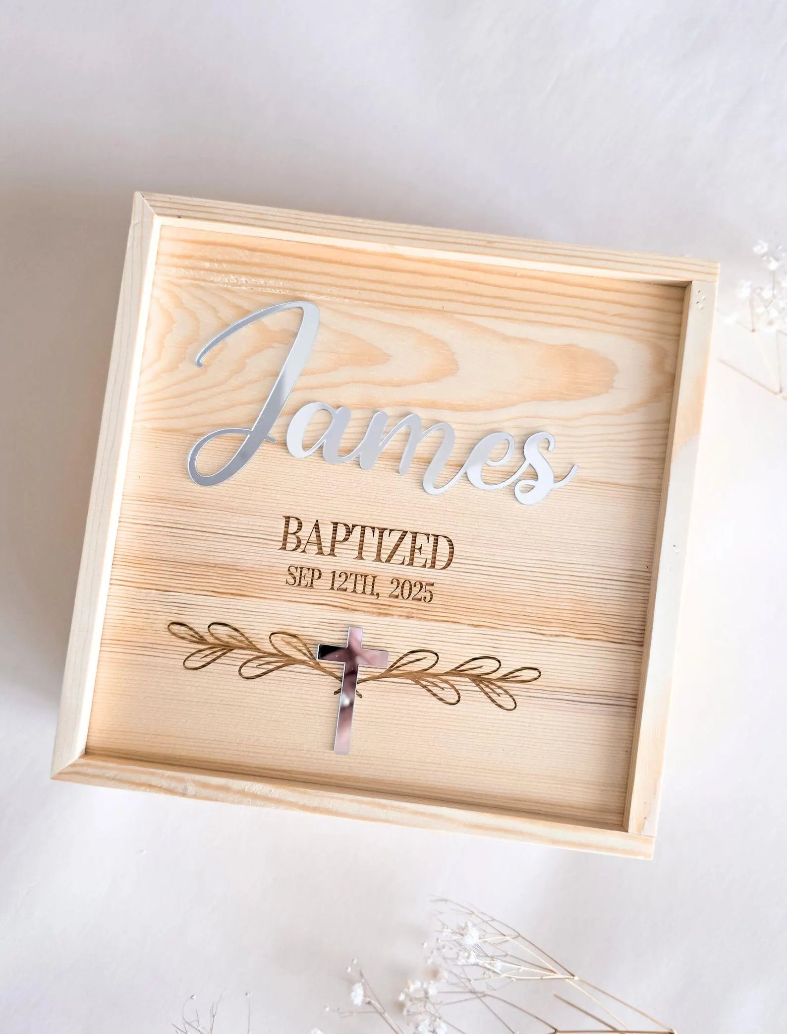 Custom wooden baptism keepsake box with engraved cross and 3D name personalization