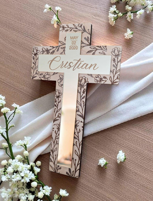 Personalized baptism cross keepsake with engraved name and date