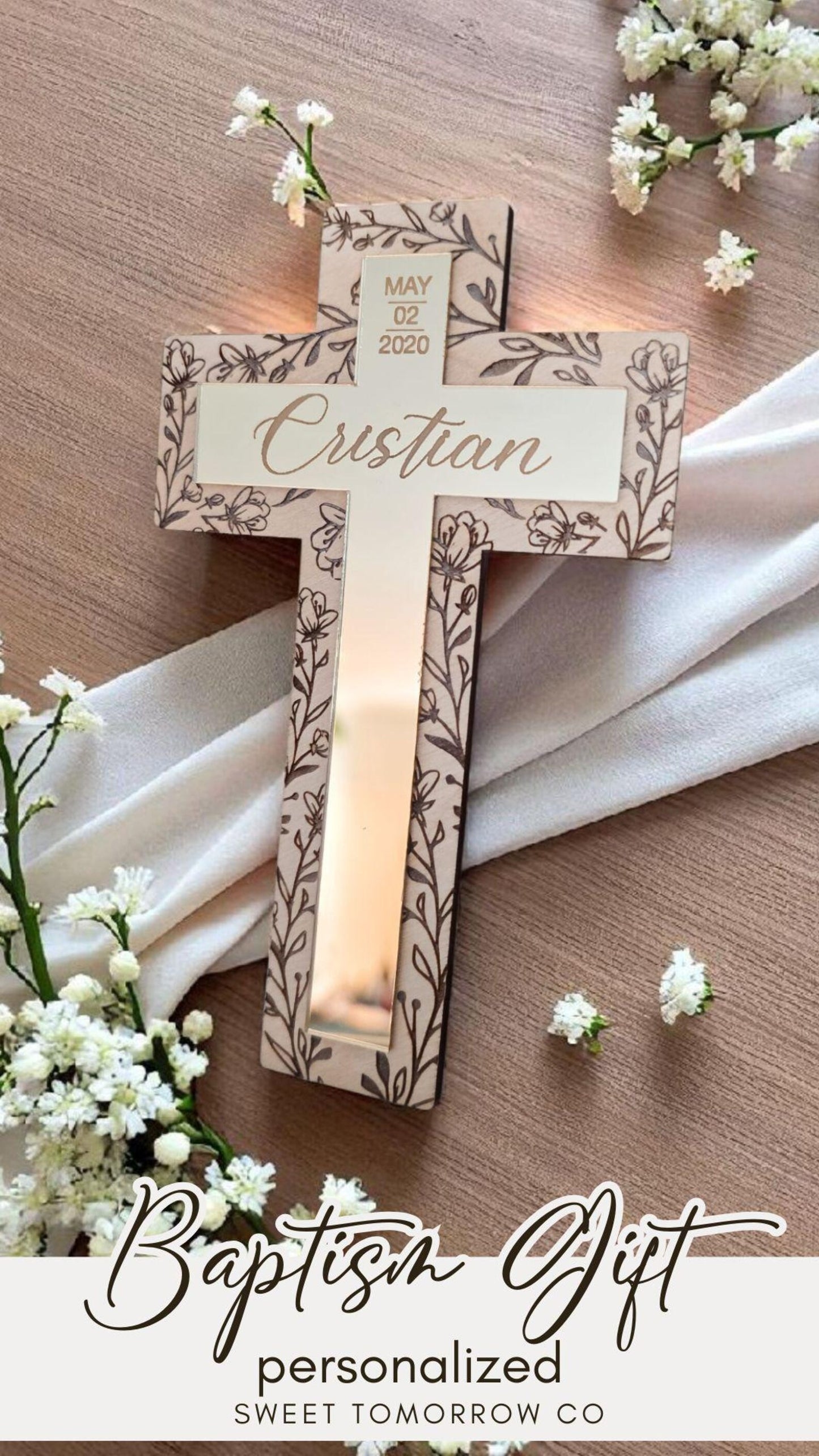 Floral Custom Baptism Cross