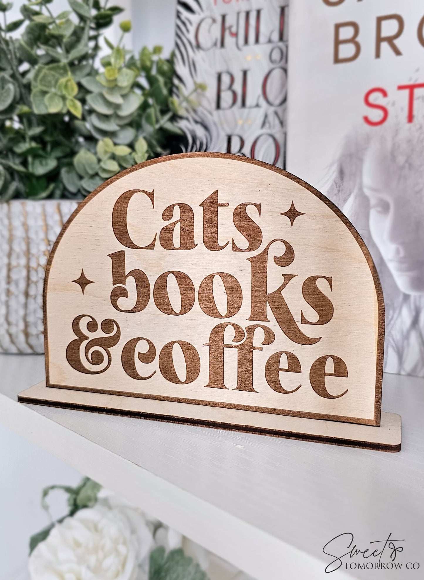 Cats Books Coffee Bookshelf Sign