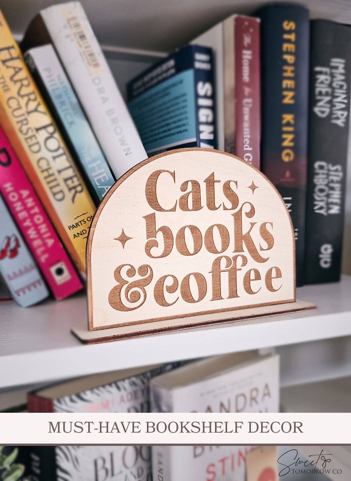 Cats Books Coffee Bookshelf Sign