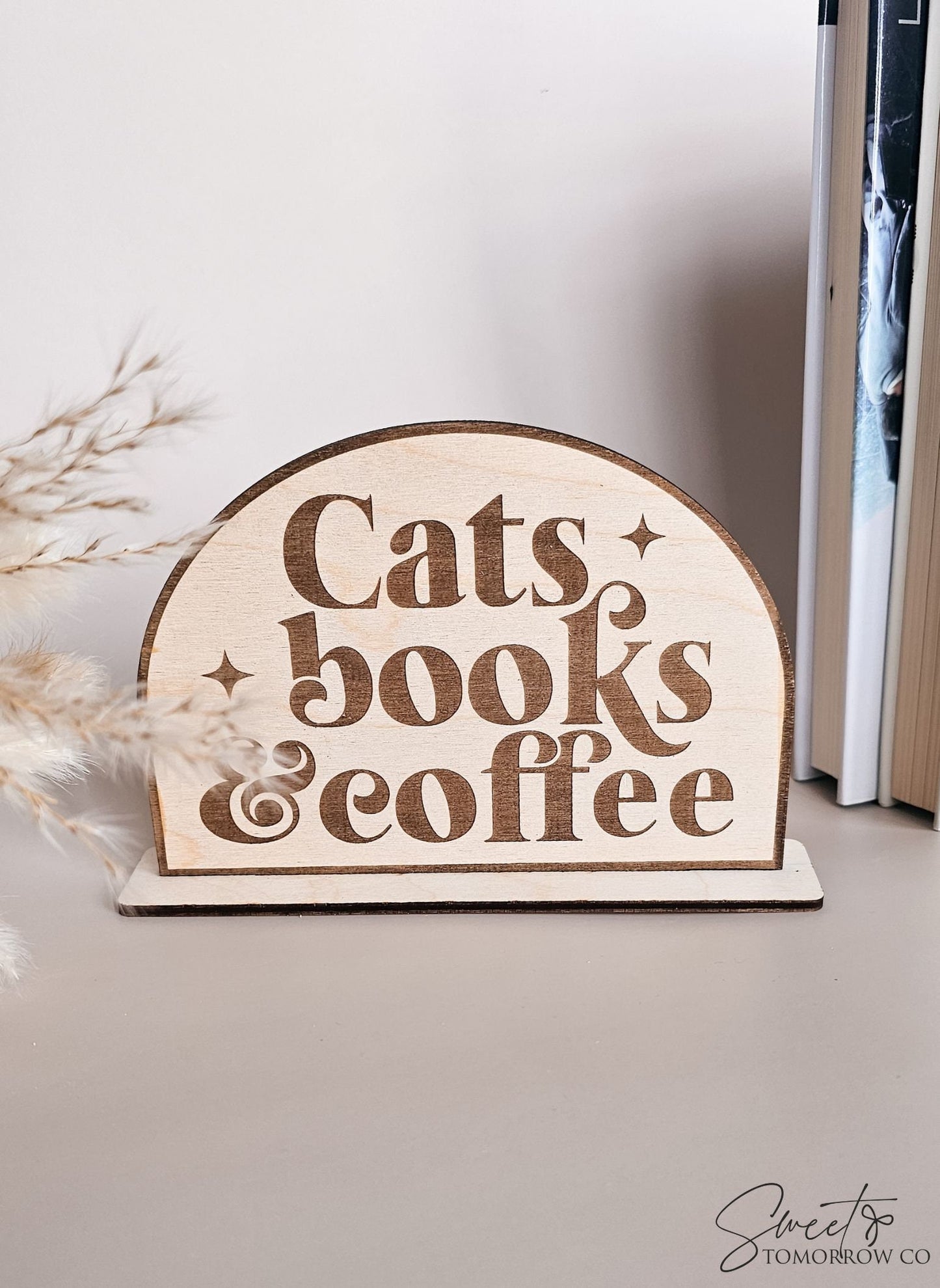Cats Books Coffee Bookshelf Sign