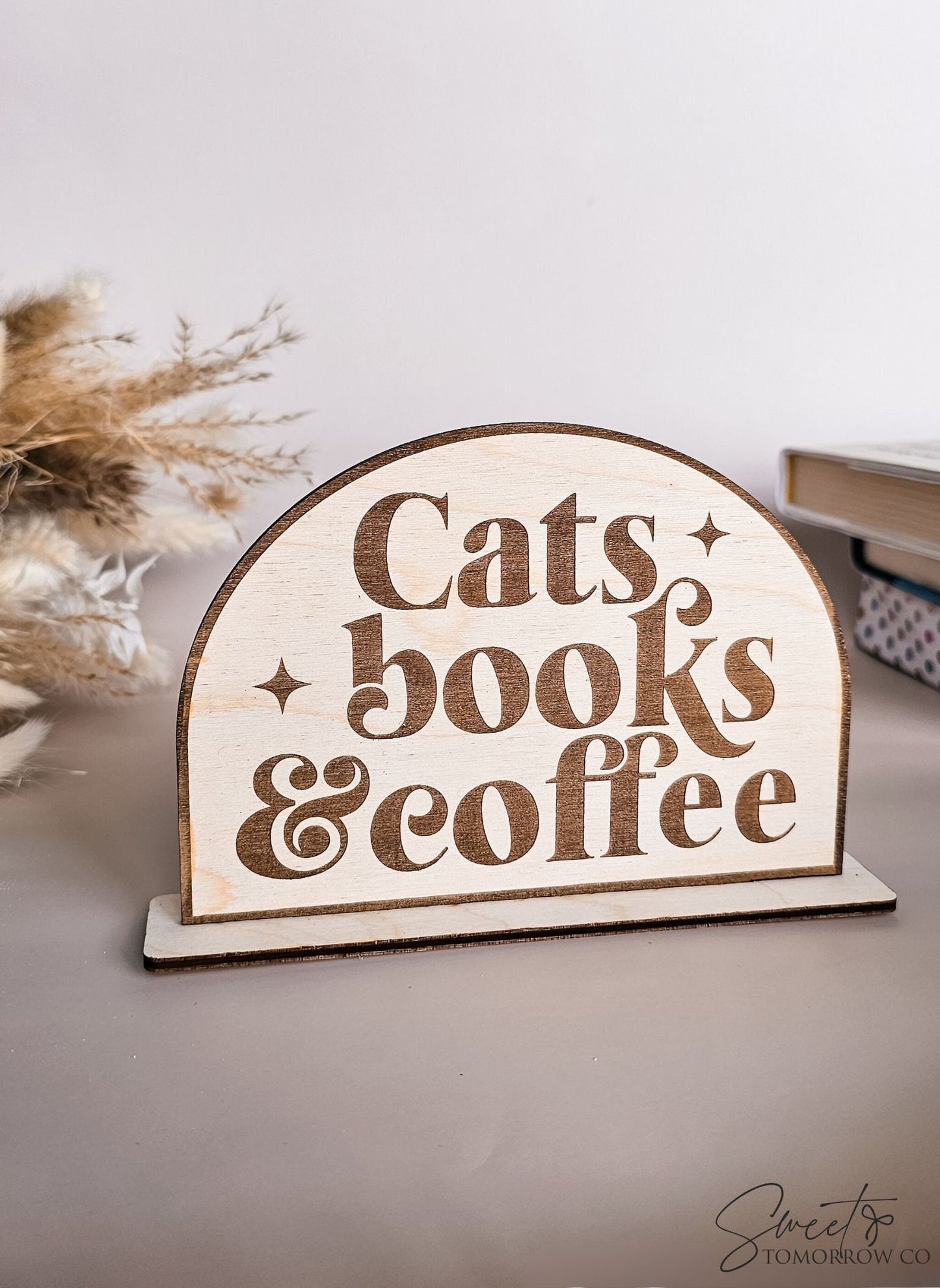 Cats Books Coffee Bookshelf Sign