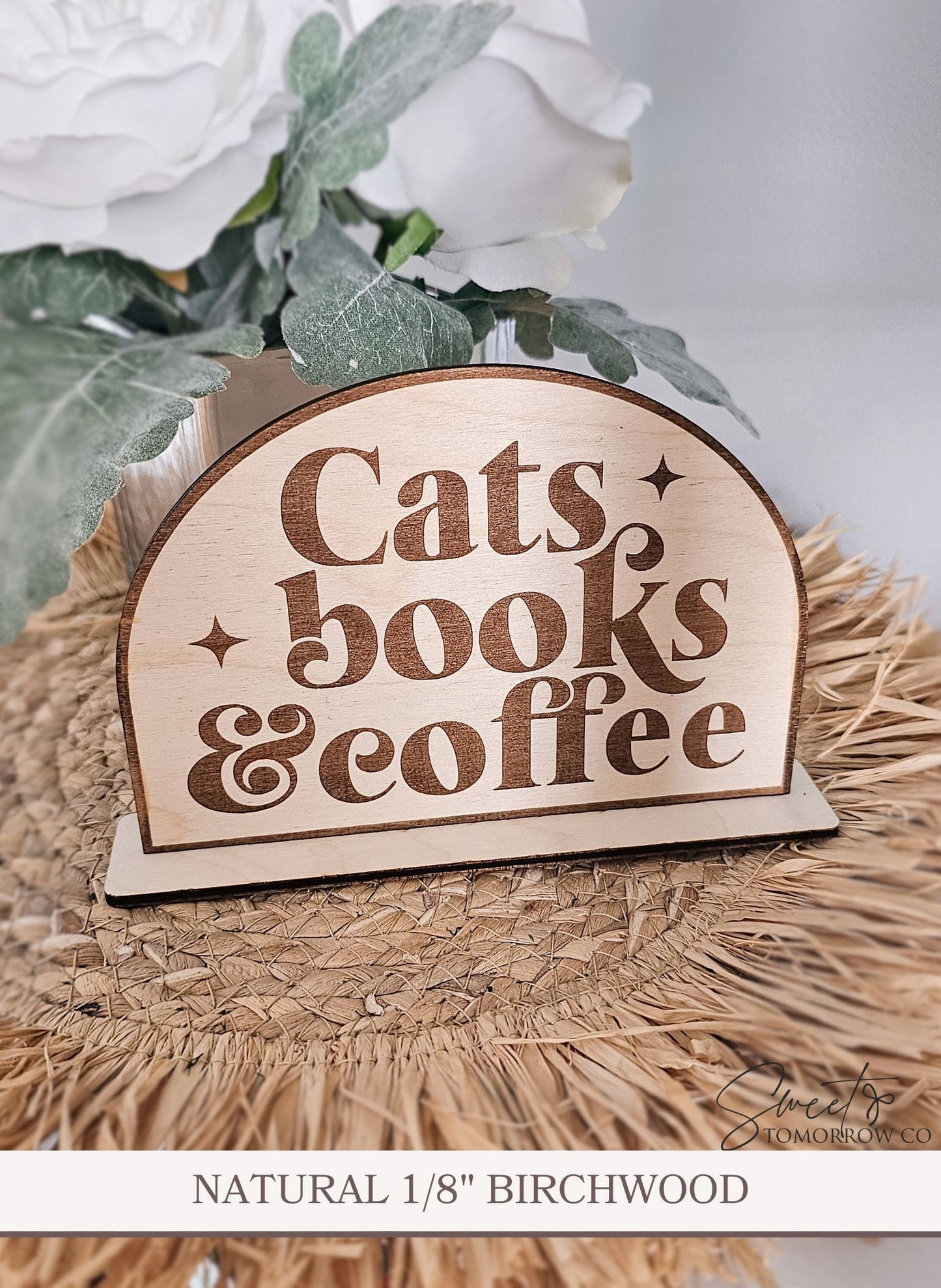 Cats Books Coffee Bookshelf Sign