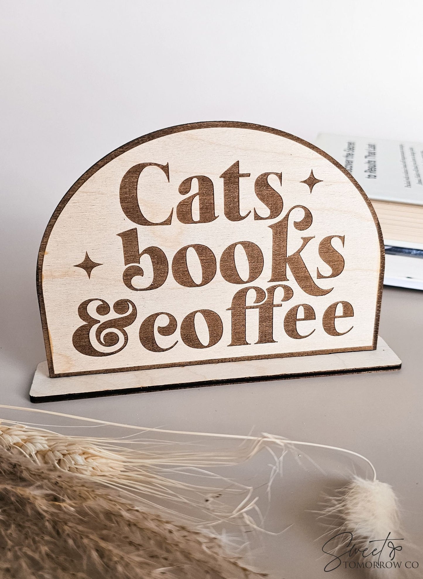 Cats Books Coffee Bookshelf Sign