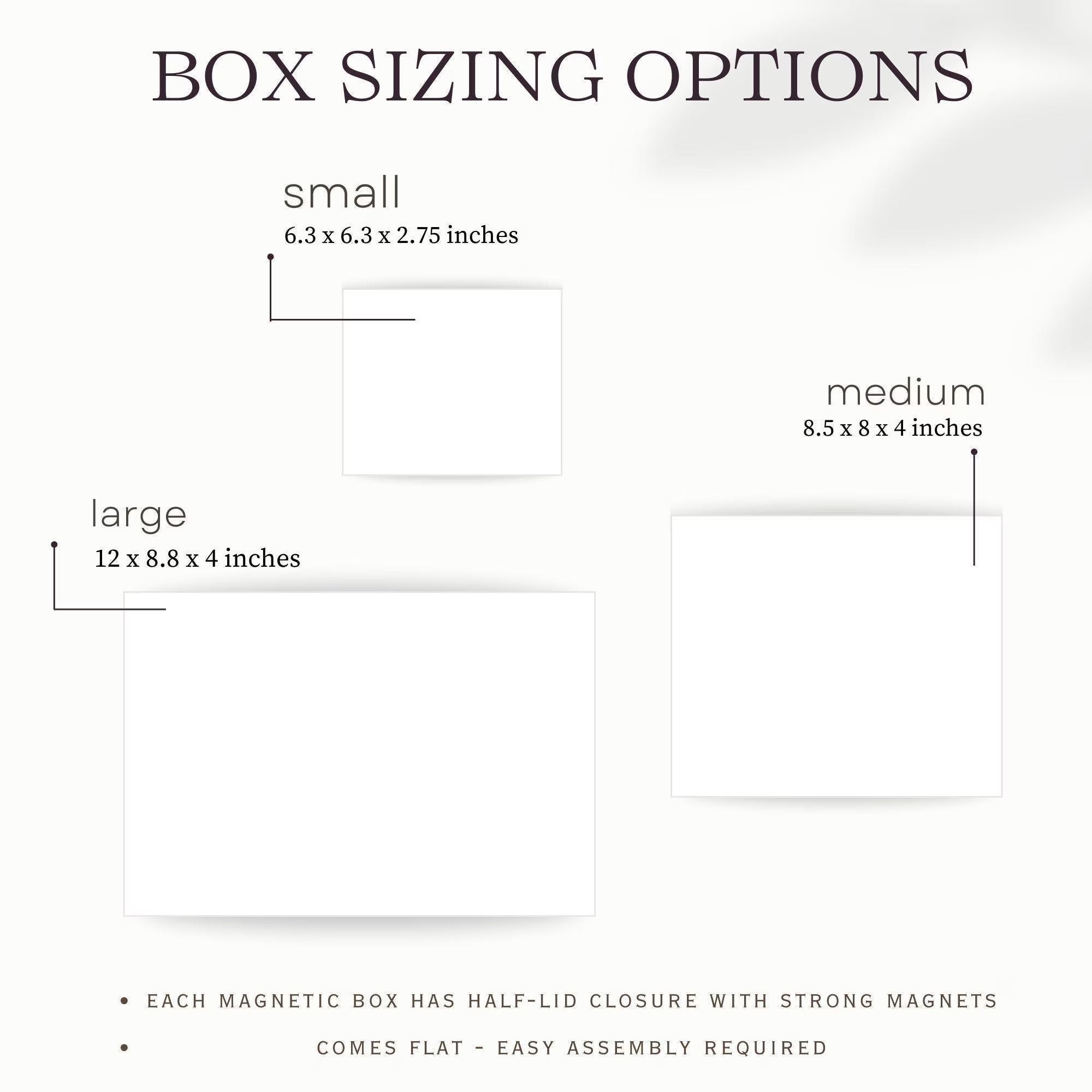 Size chart showing the small, medium, and large keepsake boxes with dimensions