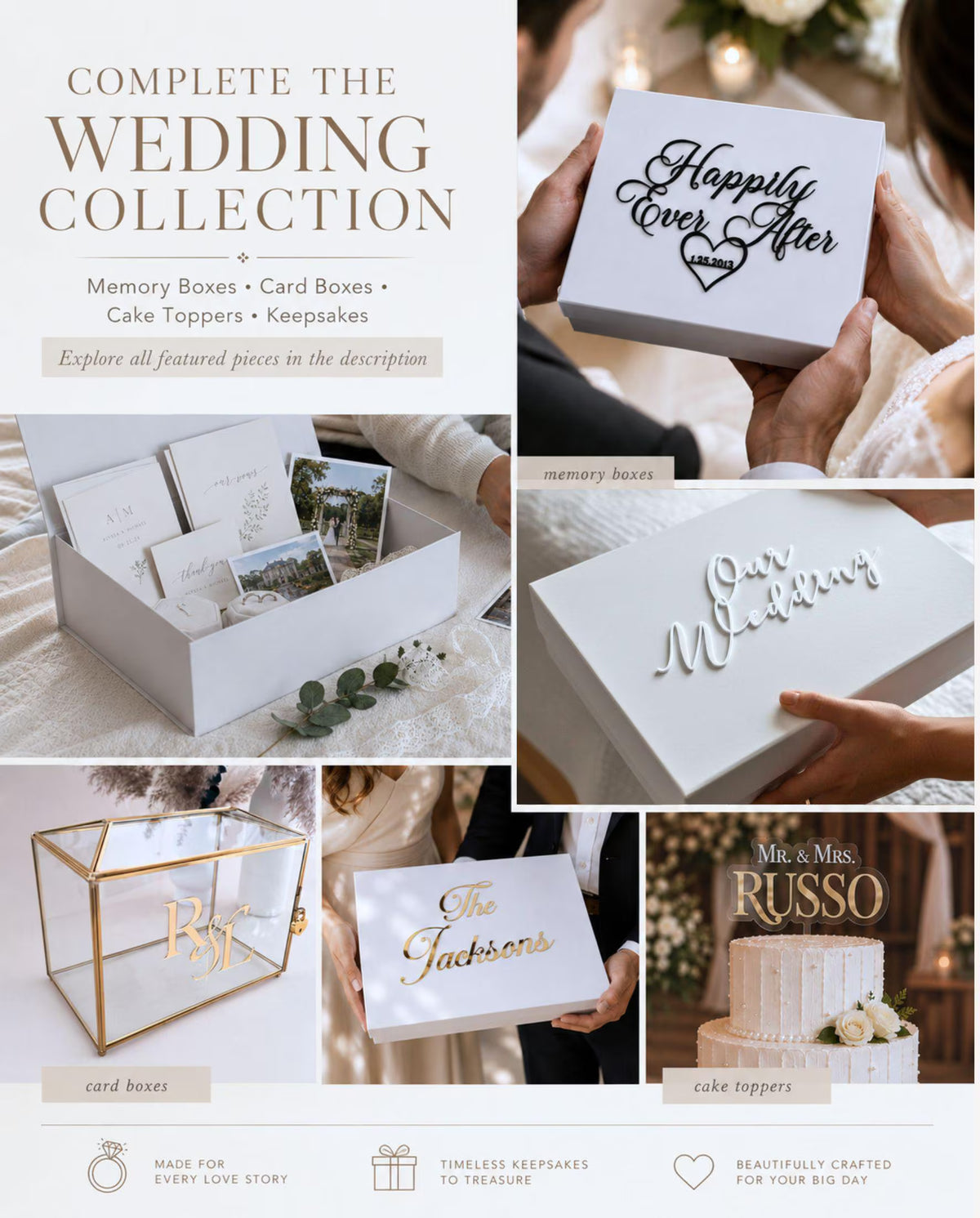 Coordinating personalized wedding pieces including memory boxes, a glass and gold card box, and a custom cake topper