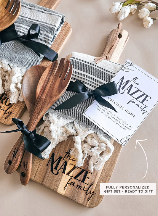Welcome Home Kitchen Gift Set – personalized engraved acacia wood cutting board with black bow