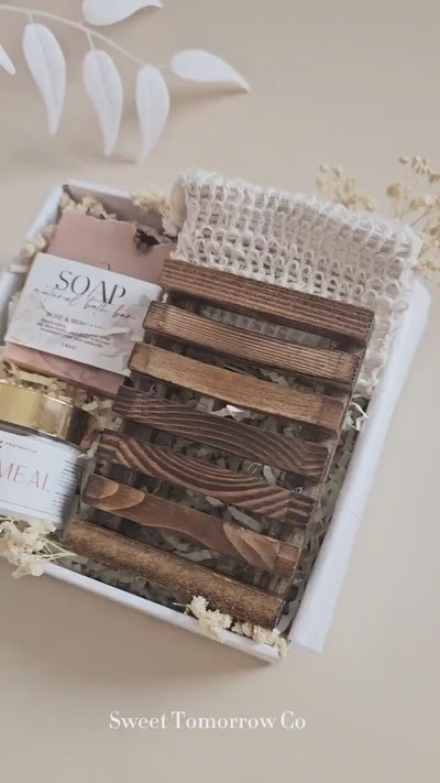 Mindful self care gift box with linen soap sleeve and wooden soap holder for bathroom decor