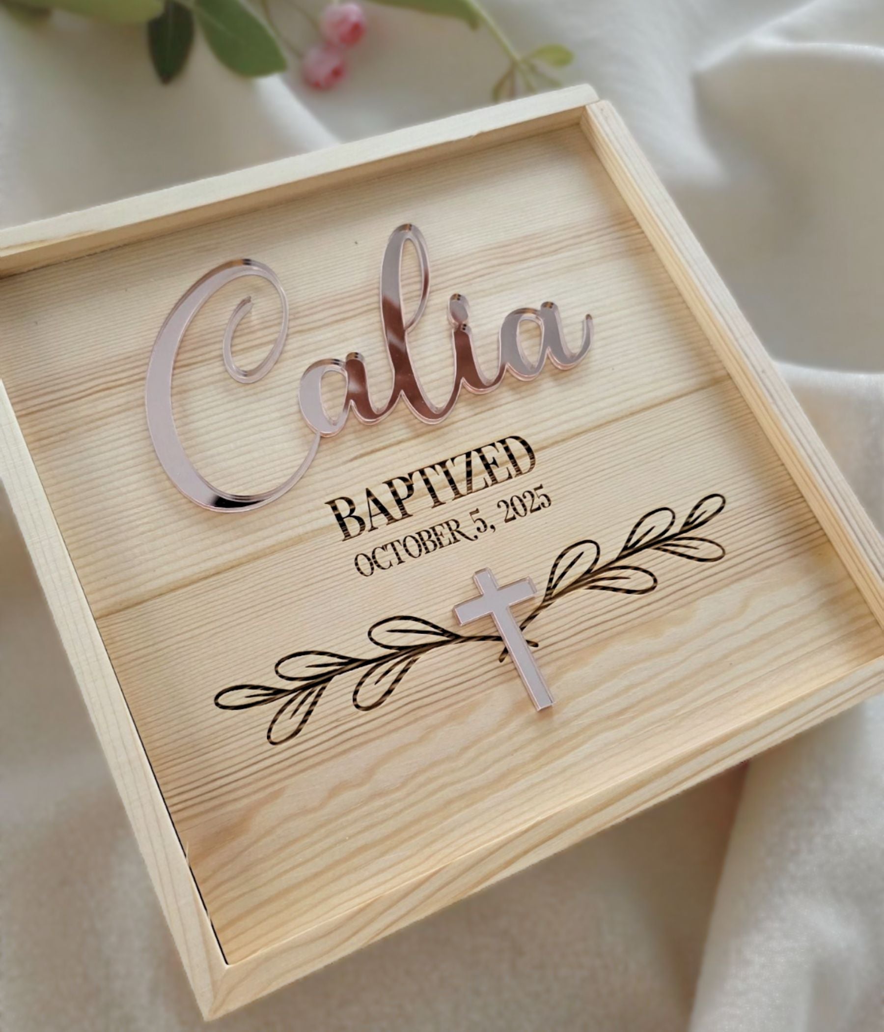 Faith keepsake memory box for godchild baptism gift personalized with name and date on wooden lid