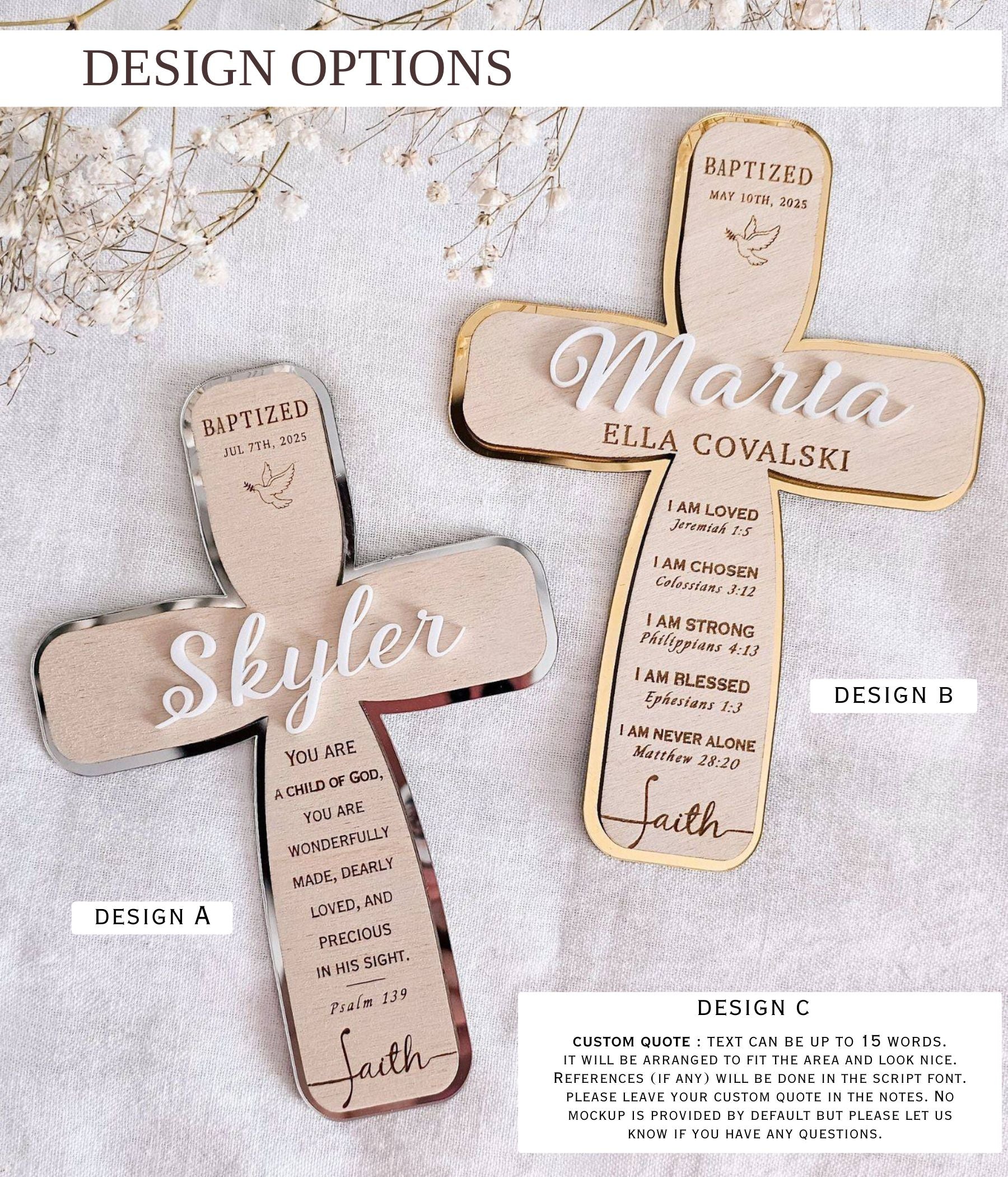 Baptized baby gift cross in silver mirror acrylic backing with engraved scripture and custom name