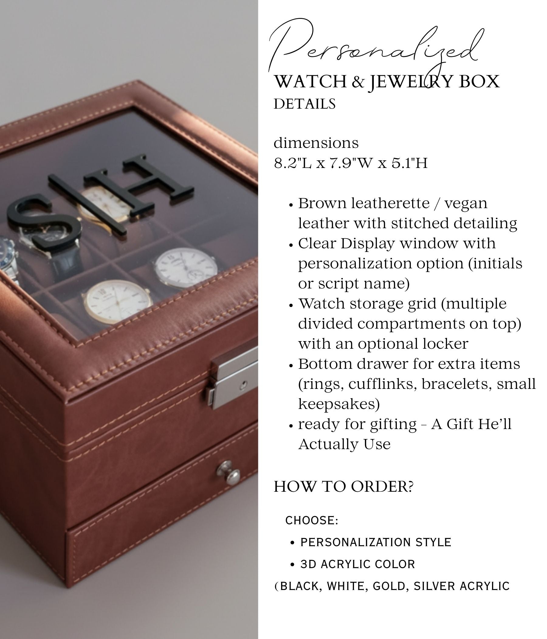 Personalized Leather Watch Box with Drawer