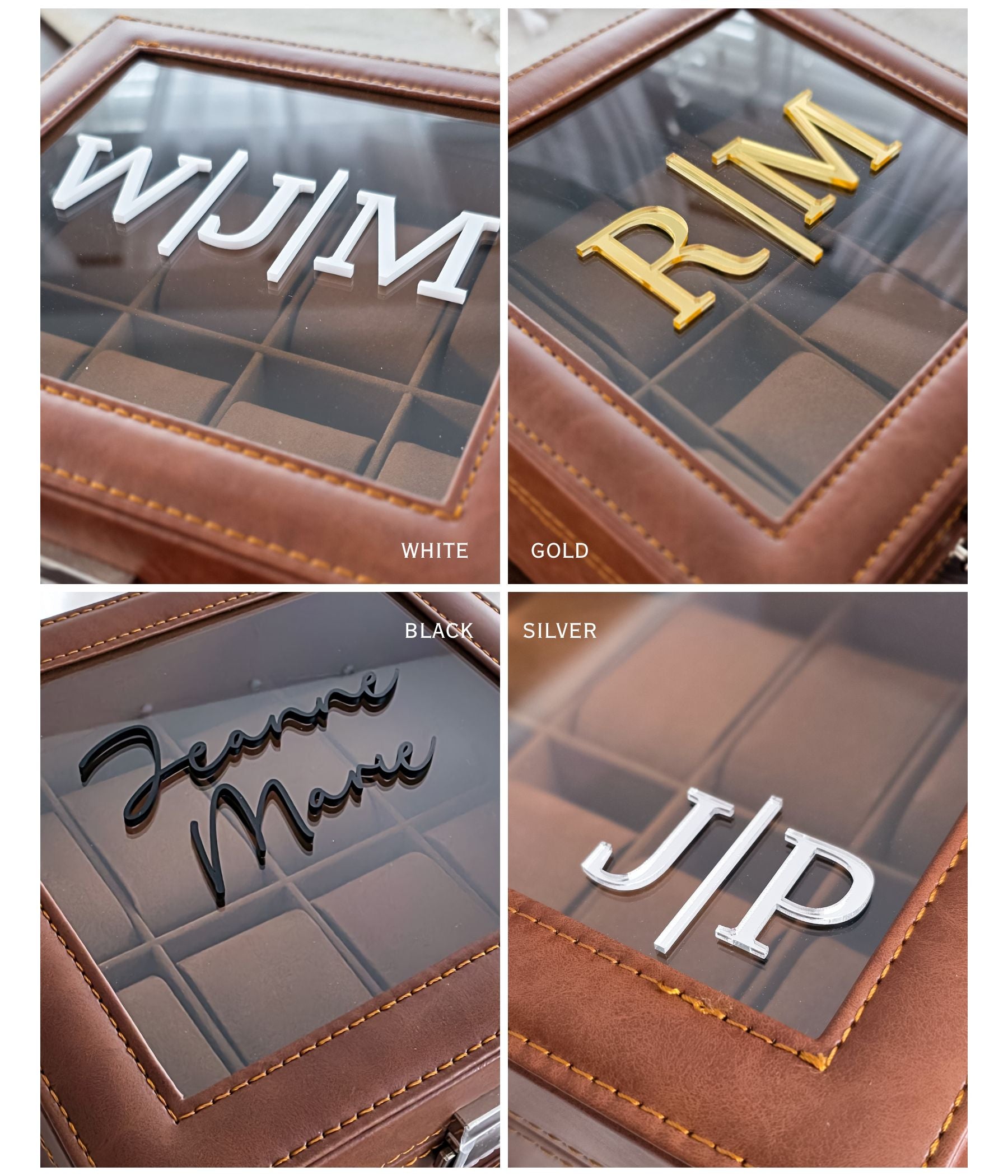 Close-up of raised 3D acrylic monogram on clear display lid of personalized watch box