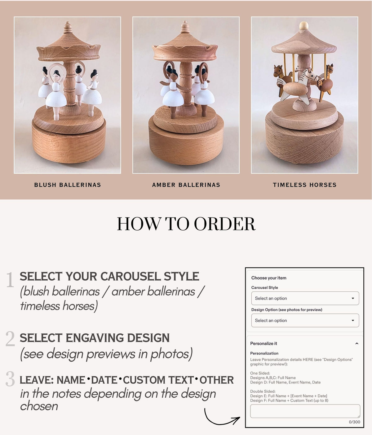 How to Order graphic: 1. select carousel style; 2. select engraving design; 3. leave required details based on the design chosen in the notes.
