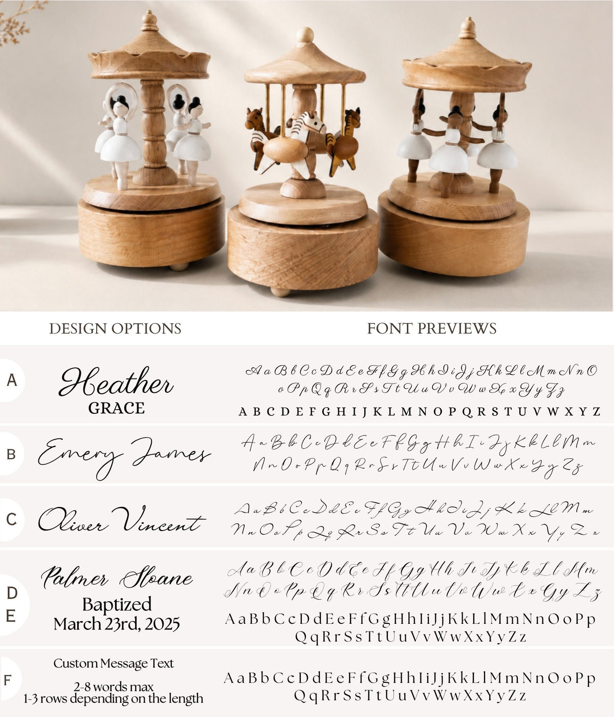 A product presentation showing three wooden carousel music boxes with different character designs (Santa Claus, Angel, Baby Jesus) above a detailed specification sheet listing font options A through F and a custom message text box.