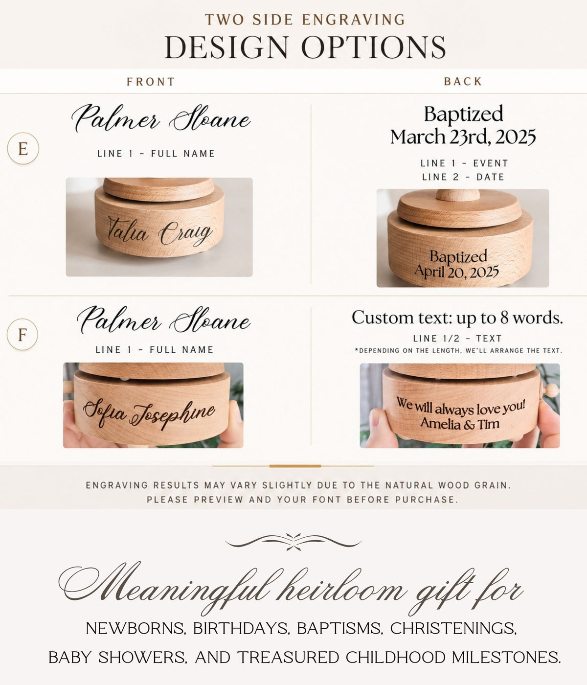 A promotional design-options graphic for a two-sided wooden keepsake box engraving service. The layout shows front and back examples on light natural wood, with customizable text fields and sample names.
